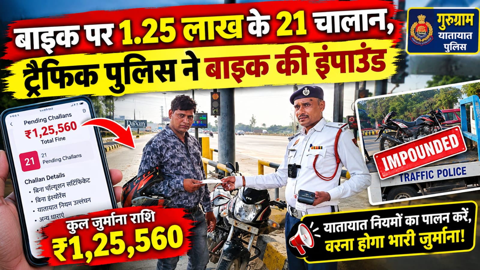 बाइक पर 1.25 लाख के 21 चालान, ट्रैफिक पुलिस ने बाइक की इंपाउंड