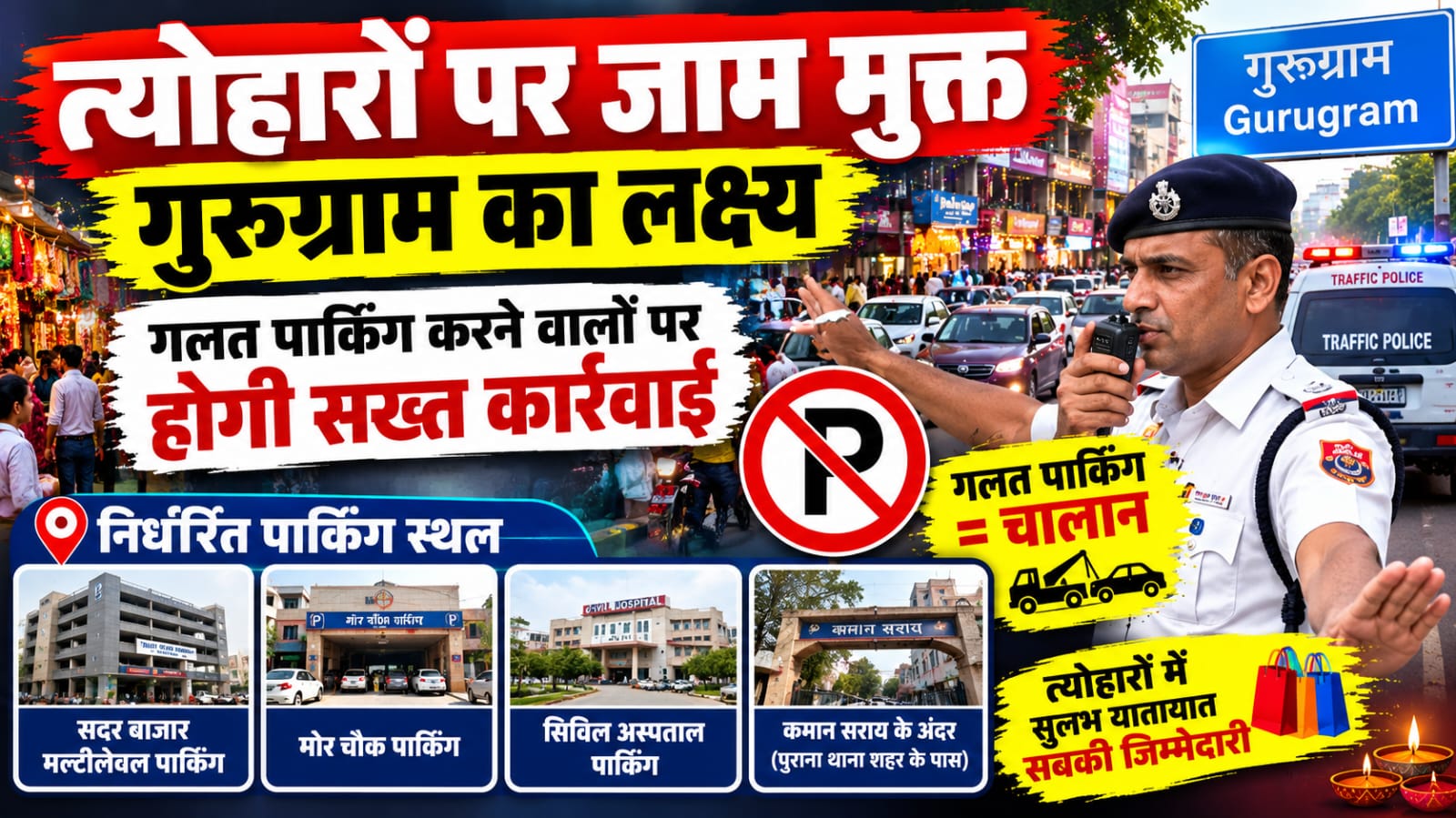 गुरुग्राम के बाजारों में गाड़ी खड़ी करने से पहले सोच लें! गलत पार्किंग पर होगा चालान